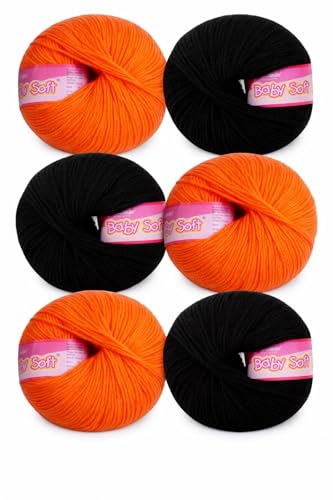 Image of Vardhman BabySoft Knitting Yarn | 100% Acrylic Wool | 4 Ply | Thin Knitting & Crocheting Hook Thread & Lightweight | Special Baby Wool | 150 Grams (6 Balls of 25g) | Machine Washable | Ideal for Blankets, Hats, Booties Ultra-Soft for Baby Sweaters, Blankets, Caps, Socks, Soft toys, Art & craft (Black 21 + Orange 90)