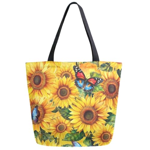 ZzWwR Fashion Extra Large Shoulder Tote Bag, Gorgeous Sunflowers Butterflies Canvas Durable Daily Weekender Handle Bag Ideal for Gym Picnic Yoga Beach Travel Kitchen Market Grocery Shopping