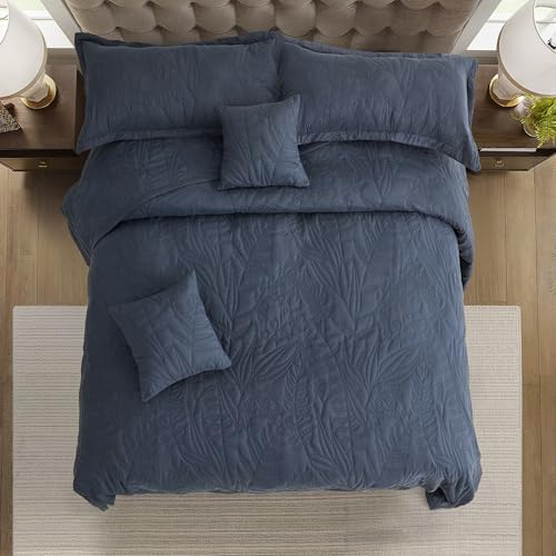 Image of HZ & HY Botanical Oversized Queen Bedspread, Stitched Leaf Quilt Set Queen Size, Lightweight Reversible Coverlet, Tailored Edge - Modern Botanical Look, 5 Piece, Navy