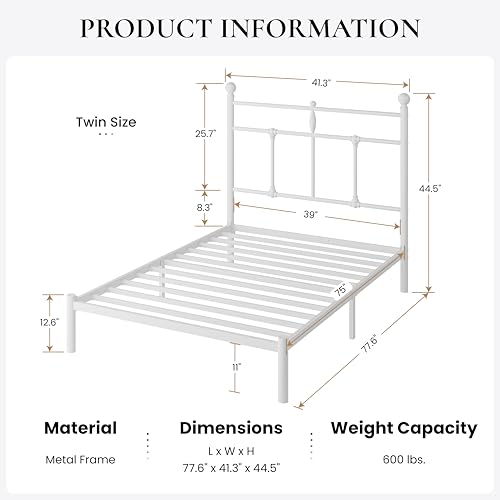 Image of SHA CERLIN Twin Size Metal Platform Bed Frame with Victorian Vintage Headboard /Under Bed Storage /No Box Spring Needed /Easy Assembly /Noise Free /Mattress Foundation /White