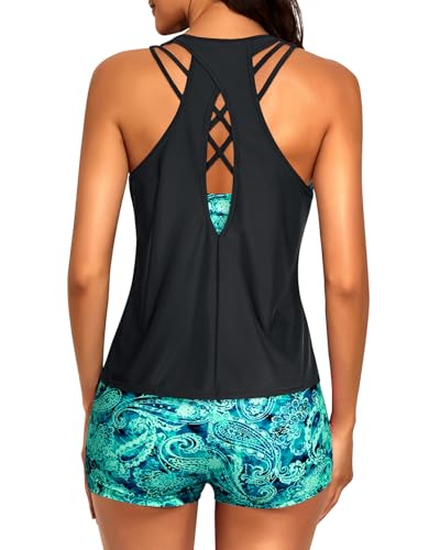 Image of 3 Piece Tankini Long Sleeve Swimsuits Athletic Rash Guard Bathing Suits | Modest,Full Coverage,High Waisted Short,Quick Dry,Criss Cross Back