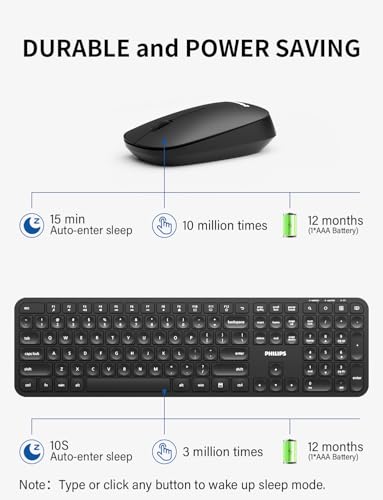Image of Philips Wireless Keyboard and Mouse Combo,2.4G 2 in 1 Receiver Cordless Full Size Keyboard and Mice,Ultra Slim and Quiet Keyboard & Ergonomic Mice for Windows XP /7 /8 /10,Mac OS X10.4 or Higher-Black