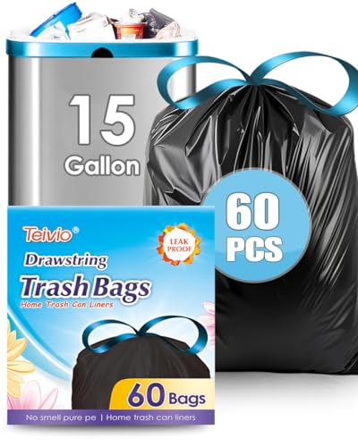 Image of Teivio 15 Gallon 60 Counts Strong Tall Kitchen Drawstring Trash Bags, Medium Plastic Garbage Bags for Home Kitchen Garden Office Tall Trash Can, Black Waste Bin Liners
