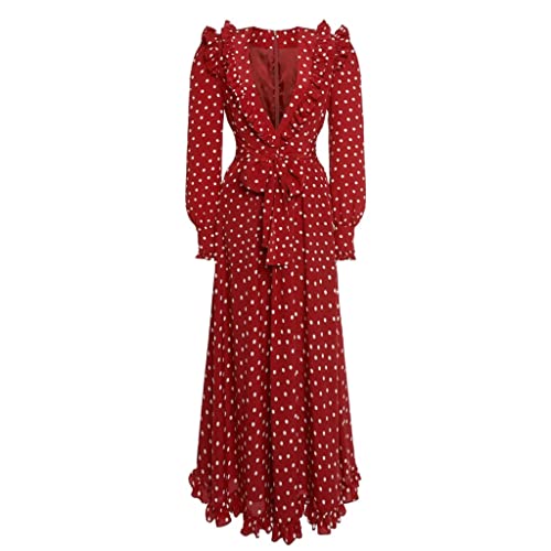 LEIGE Chic Red Dress French Vintage Polka Dot Temperament V-neck Long Sleeve A-line Midi Dresses (Color : A, Size : L code)