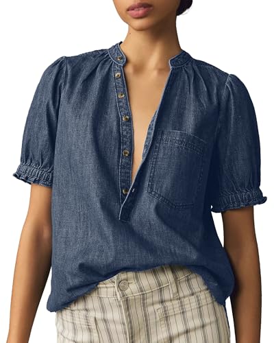 Locachy Women's Half Button Mock Neck Denim Shirt Casual Puff Short Sleeve Denim Blouse Top