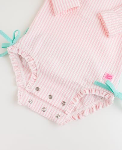 Image of RuffleButts Baby-Girls Seersucker Long Sleeve Rash Guard - One Piece Swimsuit UPF 50+ Toddler