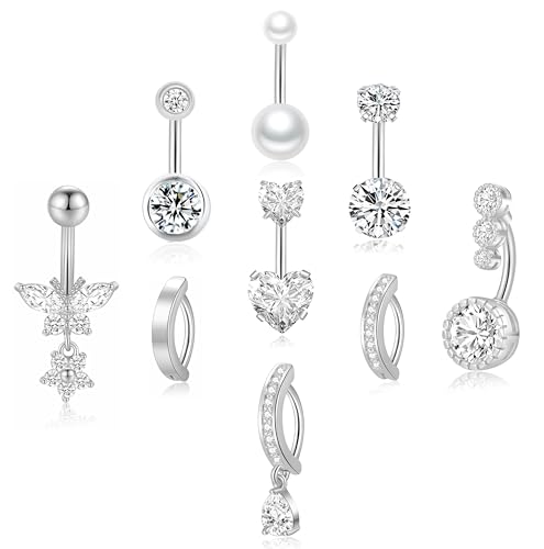 PLOMFOV Gold Belly Button Ring Surgical Steel Belly Rings for Women 14G Belly Button Piercing CZ Pearl Cute Navel Ring Belly Piercing Jewelry