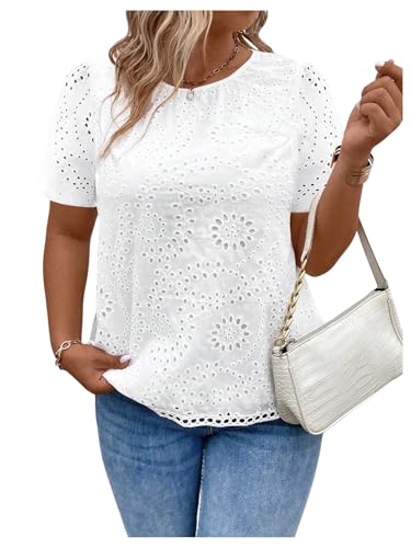 SweatyRocks Women's Plus Size Short Sleeve Split Back Eyelet Boho Casual Shirt Top Blouse4