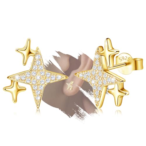 Gold Star Stud Earrings for Teen Girls Women - Sterling Silver Star Shaped Earrings Hypoallergenic Cubic Zirconia Lightweight Star Post Earring for Daughter Granddaughter Gift for Christmas Birthday