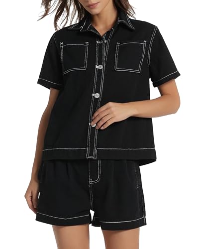 Image of Kedera Summer Denim Set for Women 2 piece Casual Short Sleeve Boxy Shirt Tops and Shorts Pants Lounge Sets Outfits