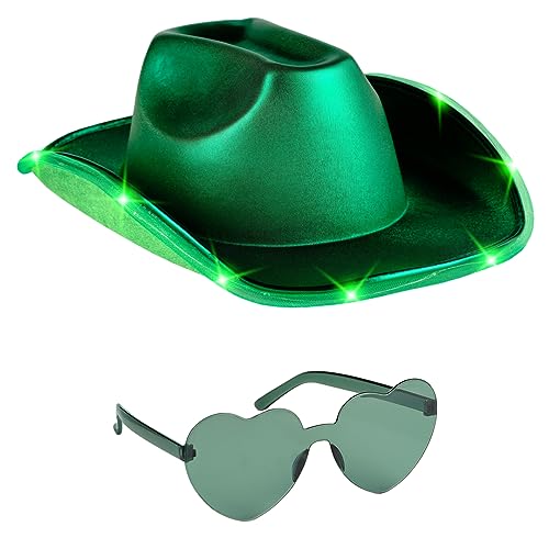 Funcredible Green Cowboy Hat and Glasses Light Up Cowgirl Costume Accessory Set for Festivals & Concerts - Cowgirl Costume Accessories for Women and Men