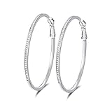 Large Sterling Silver Hoop Earrings Big Cubic Zirconia CZ Hoops Earrings 50mm for Women(Rhodium)