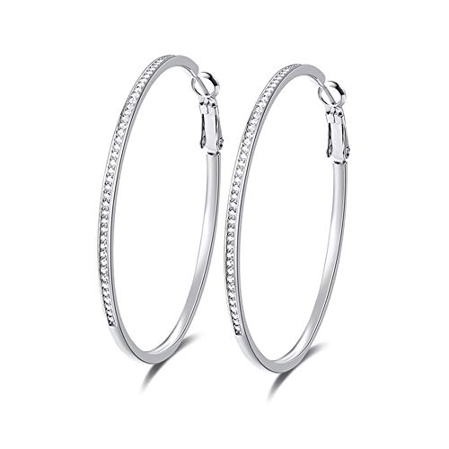 Large Sterling Silver Hoop Earrings Big Cubic Zirconia Cz Hoops Earrings 50Mm For Women(Rhodium) #TOP4