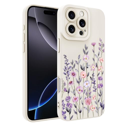 Image of Designed for iPhone 16 Pro Case Flower for Women Girls, White | Cute Floral Pattern Liquid Silicone Phone Case [Full Camera Protection] Slim Soft TPU Protective Cover