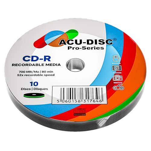 ACU-DISC Pro-Series CD-R80 Lot de 10 disques vierges 700 Mo 52 x 80 min Protection UV Revêtement dur Surface anti-rayures Idéal pour photos et vidéos...