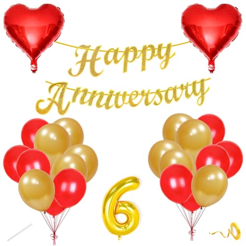 Image of Flyloons 6th Happy Anniversary Decoration Items Red Gold for Men Women Husband Wife Mom Dad Parent Couple Home Bedroom Car With 20 Pcs Metallic Balloons Anniversary Banner 2 Pcs Heart Set Kit
