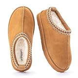 mazeskin Women's 100% Shearling Genuine Suede Slippers, Memory Foam Australian Sheepskin Waterproof Indoor Outdoor House Shoes with Rubber Sole,Chestnut US9