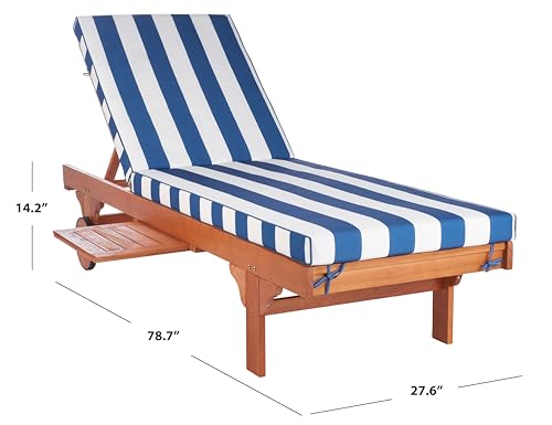 Image of SAFAVIEH Outdoor Collection Newport Natural / Blue & White Stripe Cushion Built-in Side Table Adjustable Chaise Lounge Chair