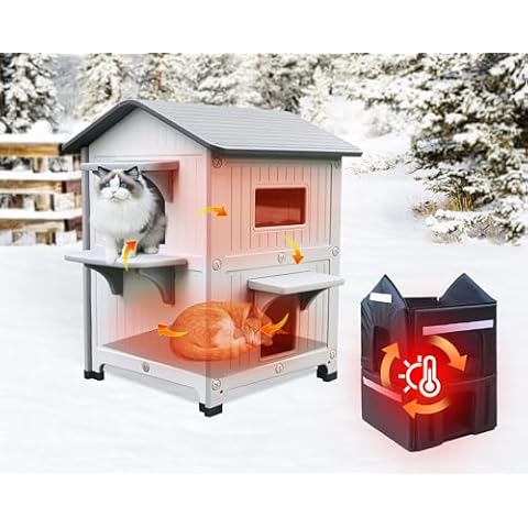 Rockever Plastic Outdoor Cat House with Insulated Liner, 100% Insulated Outdoor Cat Houses for Winter, Waterproof 2 Story Outside Cat Shelter, Clean and Assemble Easily-White Cover
