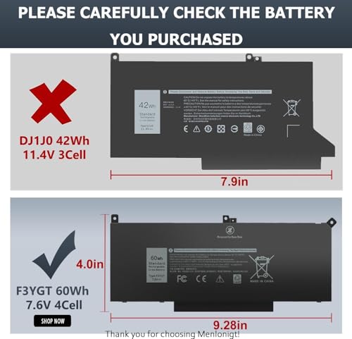 Image of WeFly 60Wh F3YGT Battery Latitude 7480 Battery for Dell Latitude 12 7000 7280 7290 /13 7000 7380 7390 P29S002 /14 7000 7480 7490 P28S P28S001 P73G P73G002 Series DM3WC 0DM3WC DM6WC 2X39G 7.6V (F3YGT)