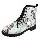 Botas de tobillo de impresión de cráneo y floral de las mujeres - Botas de combate góticas elegantes Botas de cuero de plataforma de tacón grueso de encaje para las niñas Señoras Navidad de Halloween