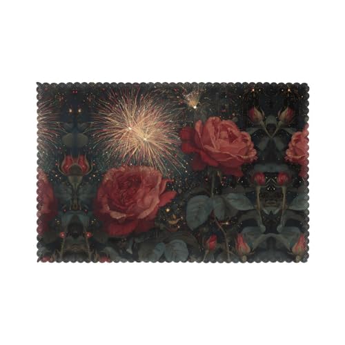 JKDGOJ Roses in Fireworks Picture Placemats for Dining Table 6-Piece Set Table mat 12x18 in for Kitchen Dining Decoration Washable Easy to Clean