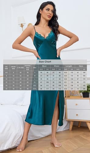Image of ALCEA ROSEA Women Silk Satin Nightgown Sexy Lace Chemise Lingerie Long Sleepdress for Ladies Sleepwear Slip Negligee