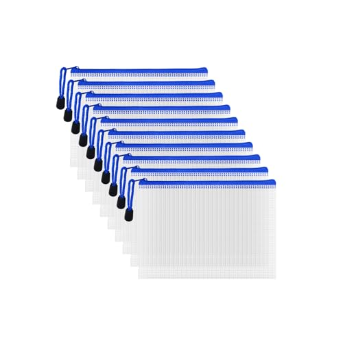AUSTARK 10 Pcs Zipper File Bags, Waterproof Plastic Mesh Pouch for Office School, Board Game Storage Bags (B6 Size 7.6''x5.3'', White and Blue)