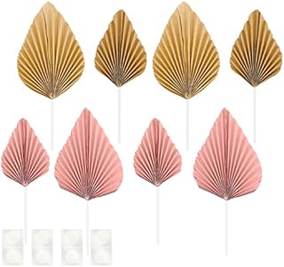 Bekecidi 8 PCS Paper Leaf Fan Cake Toppers, DIY Birthday Cake Insert Decorations Party Supplies Cupcake Toppers for Theme Birthday, Wedding, Party (Gold+Pink)