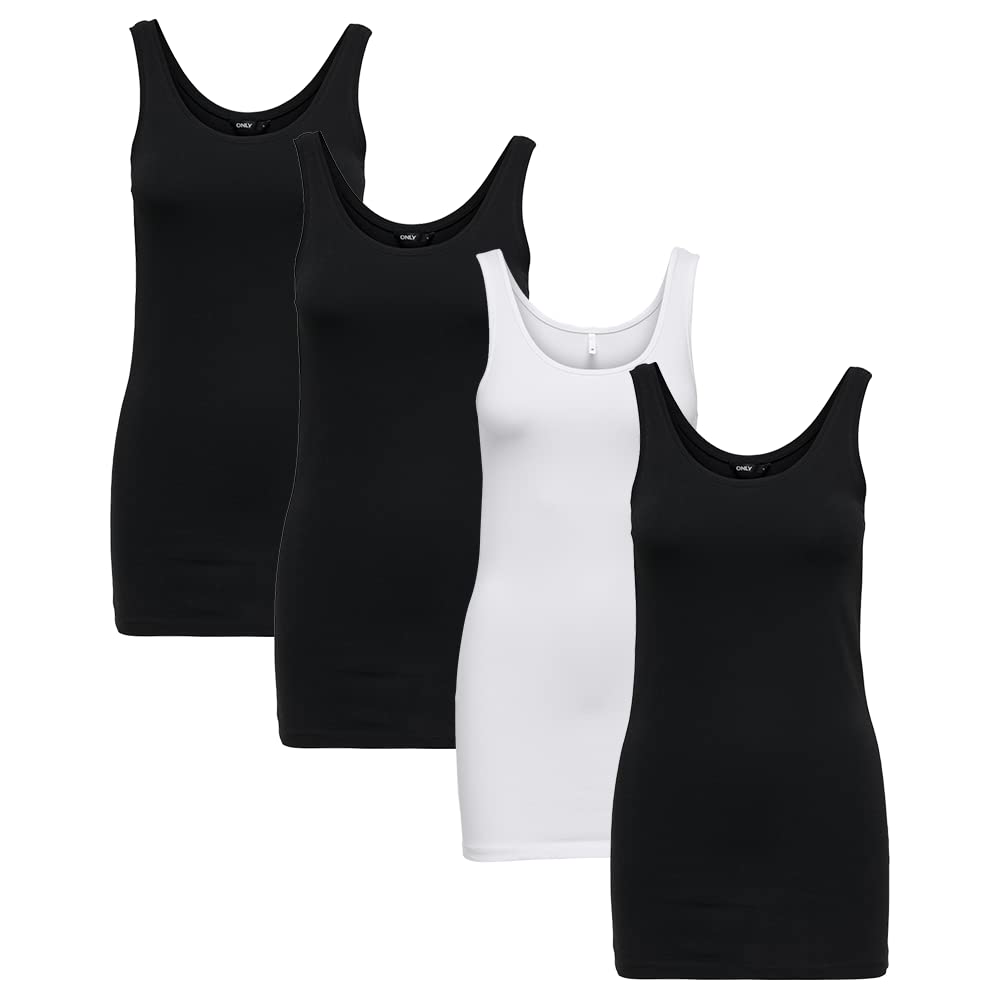 ONLY 4er Pack Damen LIVE Love Long Oberteile Basic Tank Tops, Tank Tops in Schwarz Weiß Mehrfarbig, Größe:M, Farbe:Mehrfarbig2