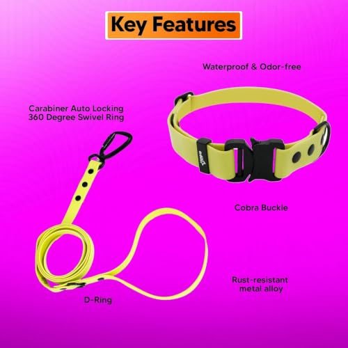 Image of Adil's Biothane Waterproof Dog Collar, Dog Leash & Collar Leash Combo | Heavy Duty TPU Coated Webbing | Adjustable Quick Release Buckle | Odour Resistant (Yellow, M-18, Collar & Leash Combo)