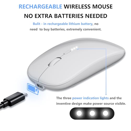 Image of Rechargeable Wireless Mouse, 2.4G Slim Mute Silent Click Noiseless Optical Mouse with USB Receiver Compatible with Notebook, PC, Laptop, Computer, MacBook (White)