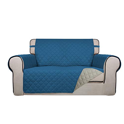 Image of PureFit Reversible Quilted Sofa Cover, Water Resistant Medium Slipcover Furniture Protector, Washable Couch Cover with Non Slip Foam and Elastic Straps for Kids, Pets (Loveseat, Peacock Blue /Beige)