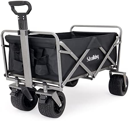 Strolking Folding Wagon Cart Collapsible Utility Camping Grocery Canvas Portable Rolling Lightweight Outdoor Garden Sports Heavy Duty Shopping Wide All Terrain Beach Outdoor Wagon (Black)