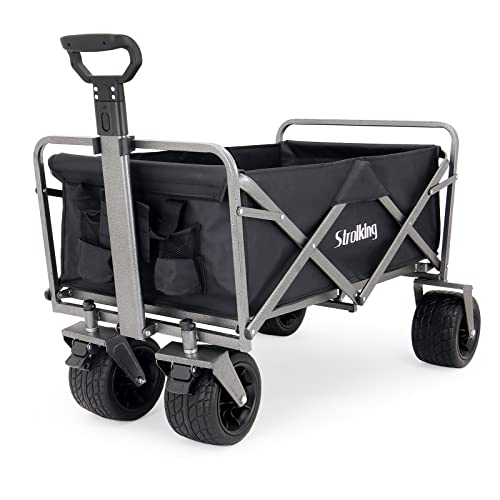 Strolking Folding Wagon Cart Collapsible Utility Camping Grocery Canvas Portable Rolling Lightweight Outdoor Garden Sports Heavy Duty Shopping Wide All Terrain Beach Outdoor Wagon (Black) #TOP25