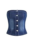 Verdusa Women's Button Front Strapless Denim Crop Tube Top Bustier Blue S