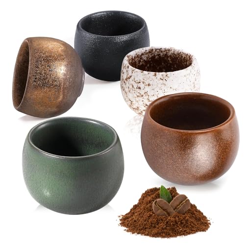 Nzkeuf Set Tazzine Caffè Espresso, 5 Pezzi Ceramica Tazzine Caffe Particolari 50 ML, Tazze da Caffè in Ceramica a Pareti Spesse con Scatola Regalo, Senza Manico, Regali per Amici e Familiari