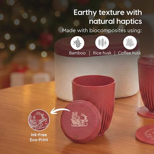 Image of Eha Earth-Friendly Christmas Gifts for Friends and Family | Secret Santa Gifts | Made with Rice Husk | Printed Christmas Mug and Coasters Set of 2, Keychain & Loopac Box | 360 ml | Coral