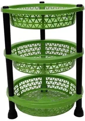 Image of 3 Layer Round Plastic Vegetable Storage Rack, Multipurpose Kitchen Organiser Stand for Vegetables and Fruits Trolley, Random Colour