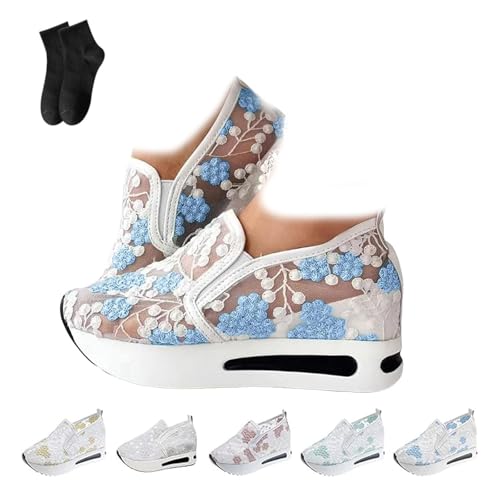 Women's Luxurious Orthopedic Sneakers,Lace Sneakers,Floral Embroidery Breathable Sheer Mesh Sneaker with Arch Support Slip on Platform Wedge Walking Shoes