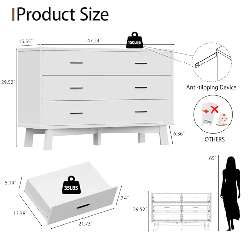 Xixini Dresser for Bedroom, 6 Drawer Wide Modern Chest of Drawers with X-Shaped Sturdy Base, Wood Double Dresser Closet Clothes Storage Organizer, Wooden TV Stand for Living Room, Hallway, White - Image 2