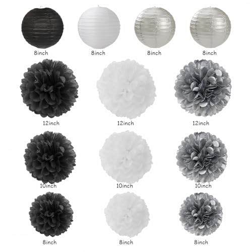 Image of Black White Silver Party Decorations - 20pcs New Year Men Birthday Paper Lanterns Fans,Tissue Pom Poms,Honeycomb Balls,Bunting,Wedding Bachelorette Bridal Graduation Baby Decor Burgleda