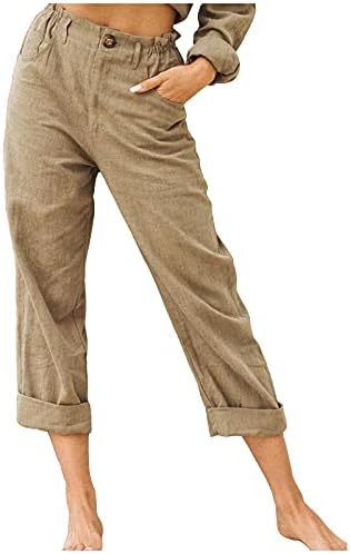 Womens Casual Linen Pants 2026 High Waist Loose Fit Summer Cropped Trouser Fashion Cruise Capris with Pockets