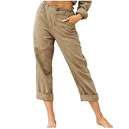 Womens Capris for Summer Dressy Fitted Capri Pants Cotton Linen Casual Pants 2024 Trendy Beach Vacation Outfits Flowy Pants Khaki 2X