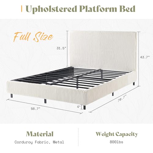 Image of AMERLIFE Full Bed Frame, Upholstered Metal Platform Bed with Vertical Channel Tufted Headboard, Soft Fabric & Strong Metal Slats, Noise-Free /Easy Assembly, White Full Upholstered Bed and Headboard