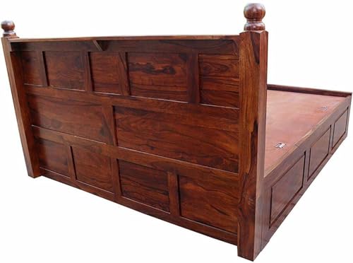 Image of Sheesham Wood King Size Bed with Storage Box | Wooden Box Bed King Size Double Cot Bed with Storage for Bedroom | Premium Lattu Design Headboard Bed for Hotel, Home | Dark Red Mogin