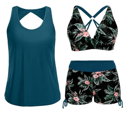 Image of Yonique 3 Piece Tankini Swimsuits for Women Swim Tank Top Bathing Suits with Boy Shorts and Bra Athletic Swimwear