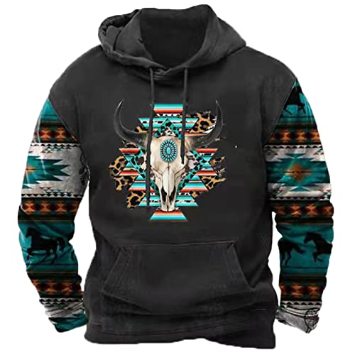 Hoodies For Men Retro Aztec Printed Long Sleeve Hooded Sweatshirts Lightweight Color Block Matching Pullover (06-J, L) #TOP28
