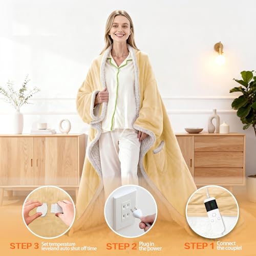 Image of Wearable Heated Blanket With Sleeves & Foot Pocket, Heated Throw Blankets Fast Heating Blanket With 10 Heat Settings Auto Shut Off Over-Heat Protection-Warm Gift, Machine Washable, 52 inch*72 inch+18 inch