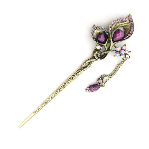 Yazilind Women's Cute Leaves Resin Bead Inlaid Crystal Antique Brass Hairpin Hair Pin Stick Accessory With Long Tassel - Purple
